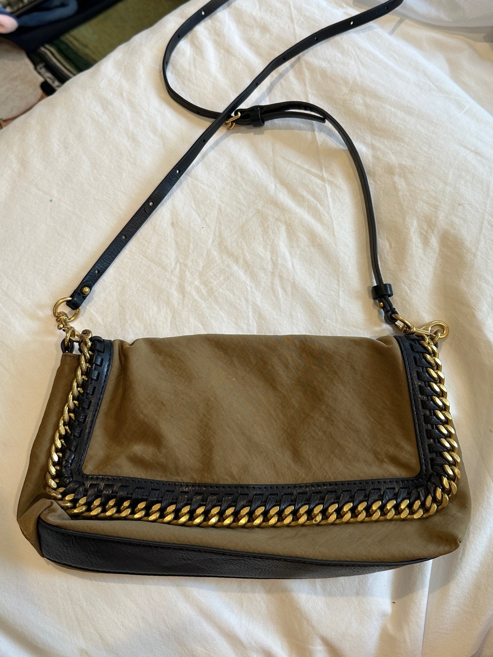 Rebecca Minkoff Olive and Black Crossbody Bag with Gold Chain Trim
